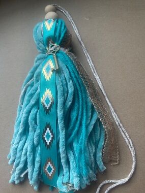 Teal Tassel Charm with Patterned Ribbon